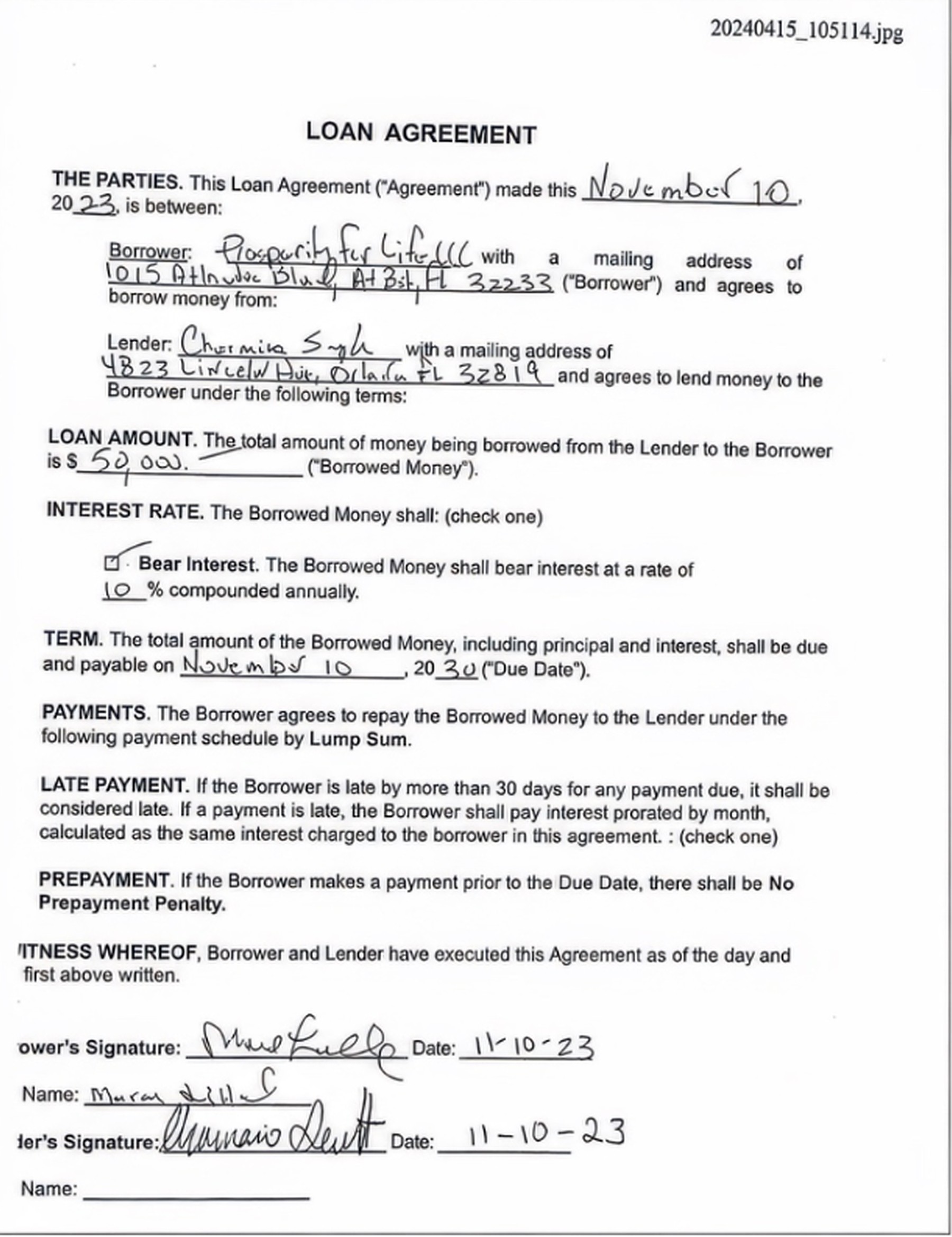 Handwritten first loan agreement dated Nov 10 2023
